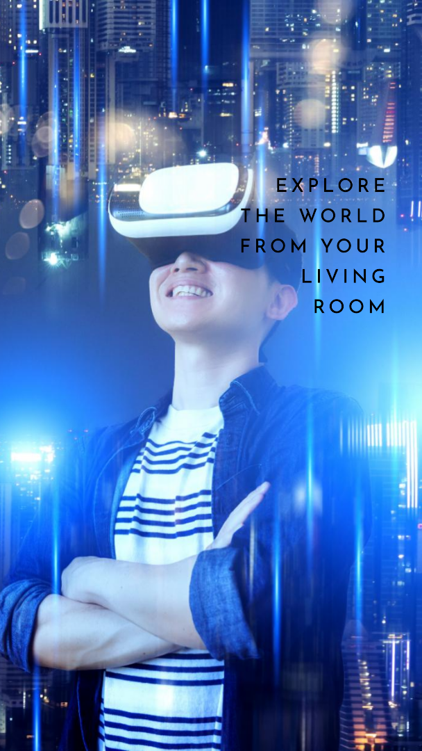 A person wearing a VR headset, immersed in a virtual travel experience, symbolizing the concept of immersive travel experiences with Virtual Reality.